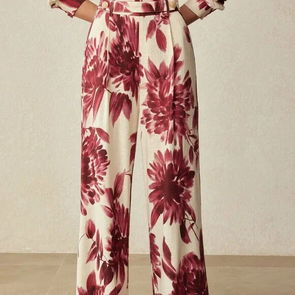 Burgundy Casual Women's Floral Print Straight Leg Wide Pants - Picture 3 of 7